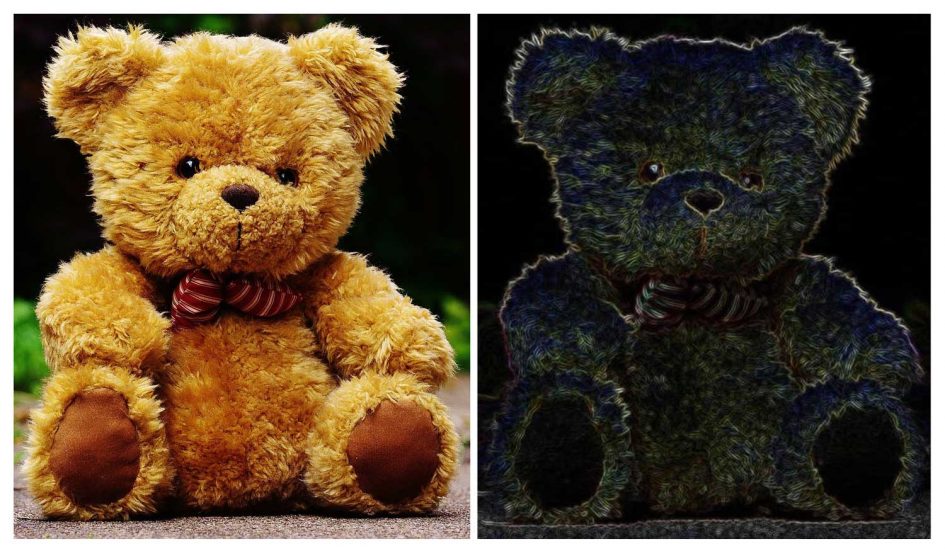 The illustration on the right shows how the brain’s V1 and V2 areas might use information about edges and textures to represent objects like the teddy bear on the left.