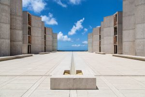 The Salk Institute's iconic courtyard and buildings designed by architect Louis Kahn.