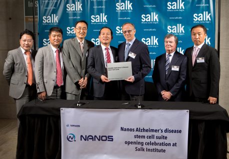 From left: Jason Seo, Co-Founder of One Holding Group LLC; Jin Ho Han, Vice President of NANOS Co. Ltd; Ki Tae Kim, Vice Chairman of S&W Group; Soon-Gil Yang, Chief Executive Officer of NANOS Co. Ltd.; Rusty Gage, President of Salk Institute; Dan Lewis, Chairman of Salk Institute; Alex Myung, Co-Founder of One Holdings Group LLC.