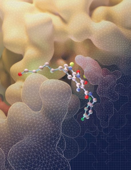 This illustration depicts the molecular structure of an HIV drug known as an INSTI binding to key sites on the intasome (yellow), the viral machine that allows HIV to invade cells. The red spheres represent DNA.