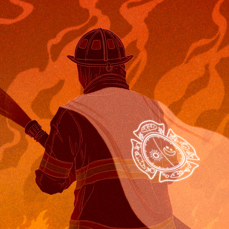 Journal cover image of Cell Metabolism illustrating a firefighter wearing a cape that represents eating within a time-restricted window.