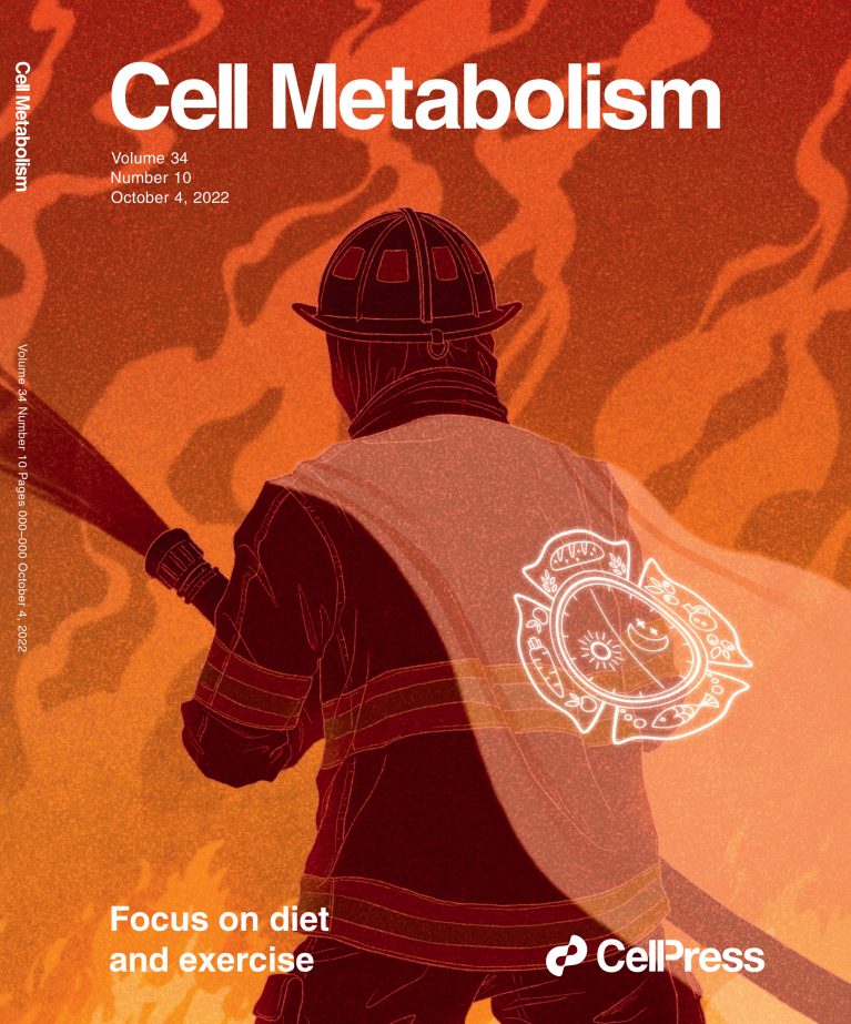 Journal cover image of Cell Metabolism illustrating a firefighter wearing a cape that represents eating within a time-restricted window.
