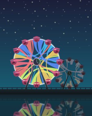 Time-restricted eating reshapes gene expression throughout the body. In this illustration, the Ferris wheel displays the interconnected organ systems working smoothly during time-restricted eating, which is represented by the clock in the middle.