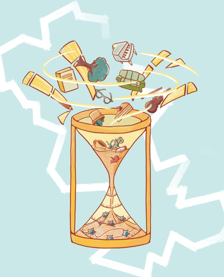 New experiences are absorbed into neural representations over time, symbolized here by a hyperboloid hourglass.
