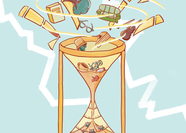 : New experiences are absorbed into neural representations over time, symbolized here by a hyperboloid hourglass.