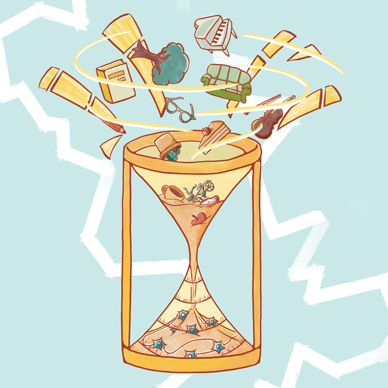 : New experiences are absorbed into neural representations over time, symbolized here by a hyperboloid hourglass.