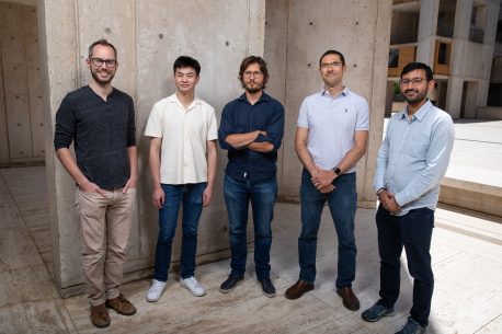 From left: Tim Strutzenberg, Zelin Shan, Dmitry Lyumkis, Dario Passos, and Avik Biswas.