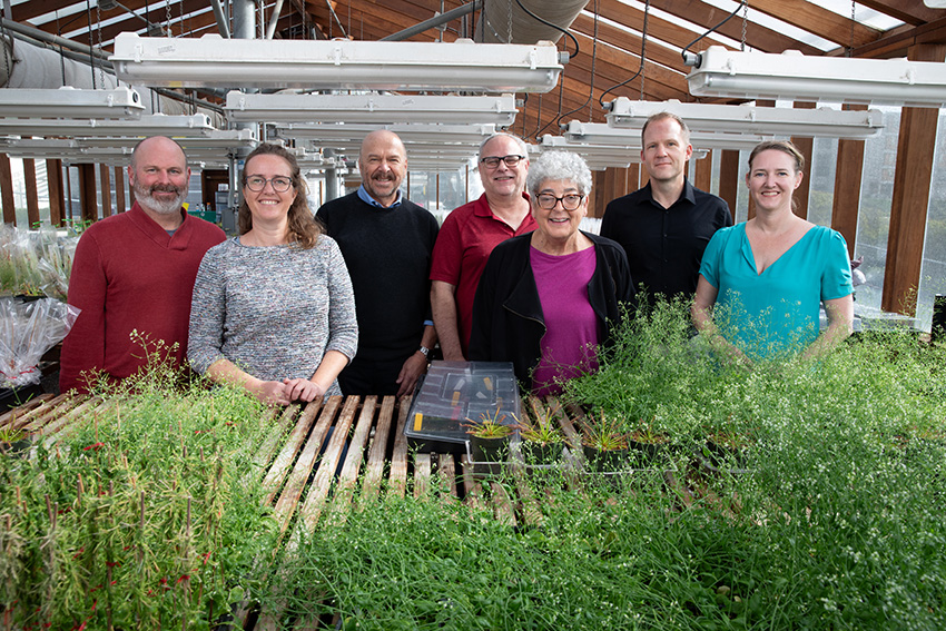 From left: Research Professor Todd Michael, Assistant Professor Lena Mueller, Professor Joseph Ecker, Professor Joseph Noel, Professor Joanne Chory, Professor Wolfgang Busch, and Associate Professor Julie Law