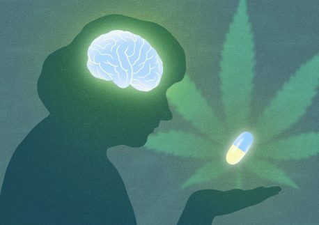 The outline of a person and their brain facing a cannabis leaf and symbolic CBN pill, demonstrating the potential for CBN to treat neurological disorders in the future.