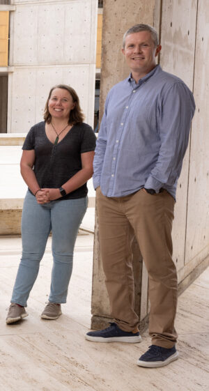 Tessa Popay, PhD, (left) and Jesse Dixon, MD, PhD, (right) discovered that the genome’s dynamic movement influences the expression of genes and seems to be especially important in reinforcing cell identity. 