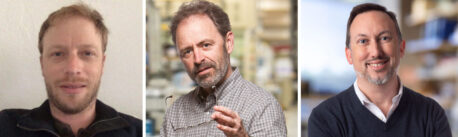 Sam Van de Velde, PhD, (left), Marc Montminy, PhD, (center), and Reuben Shaw, PhD (right) discovered that GLP-1s interact with the multi-protein complex called Mediator to cause a broad genomic response.