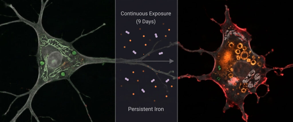 Representative neuronal cells are shown after acute iron exposure of six to eight hours (left) and after chronic iron exposure of nine days (right). The brain cell looks entirely different after chronic exposure, with dysregulated processes characteristic of the newly discovered cell stress pathway chronoferroptosis.