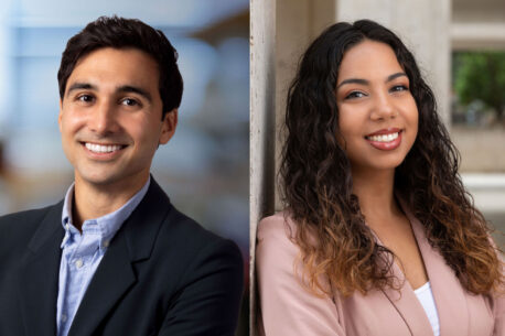 260813 salk pr kosuri dna origami authors Pallav Kosuri (left) and Amanda Wacker (right) recorded the stepping motion of RNA polymerase along DNA by inventing a long-lasting fluorescent DNA origami nanostructure method called dye-cycling ORBIT.